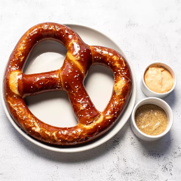 A large, golden-brown pretzel with salt on a white plate, served with two dipping sauces.