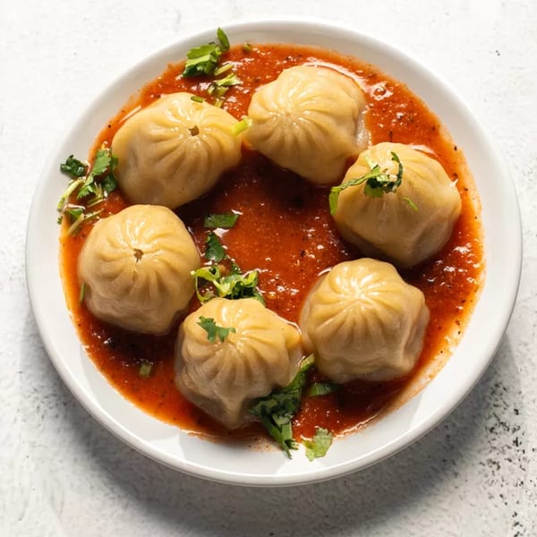 Six steamed momos in a red sauce, garnished with fresh cilantro on a white plate.