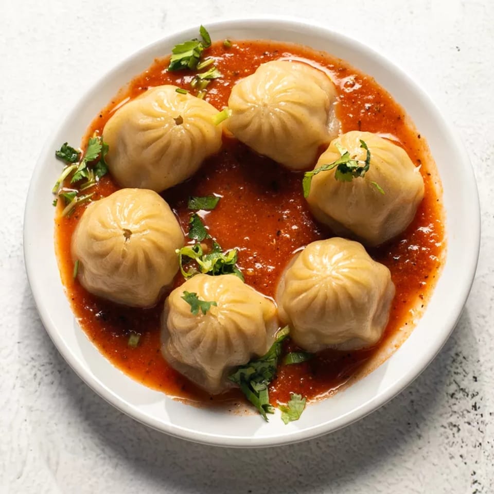 Six steamed momos in a red sauce, garnished with fresh cilantro on a white plate.